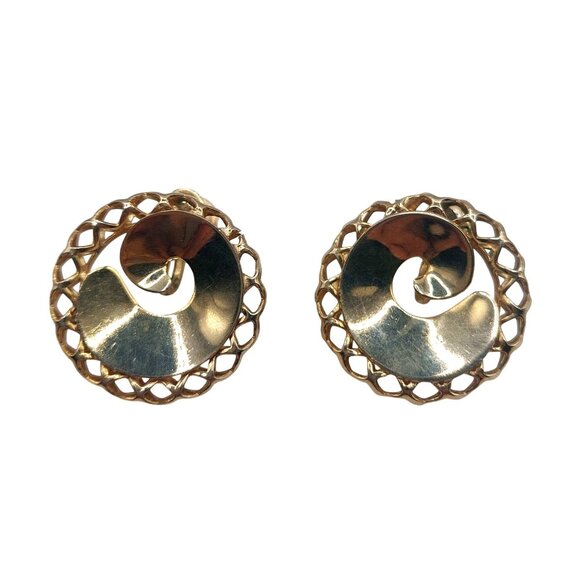 Vintage Gold-Tone Spiral Screw Back Earrings With Lattice Edge - Picture 1 of 4